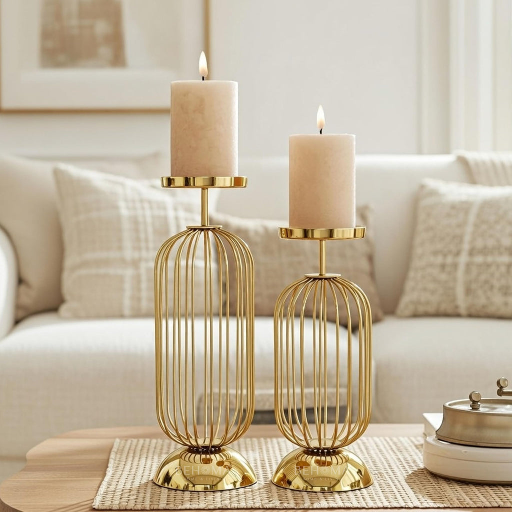 Behoma Metal Pillar Candle Holder Stand with Gold Finish - Small & Large