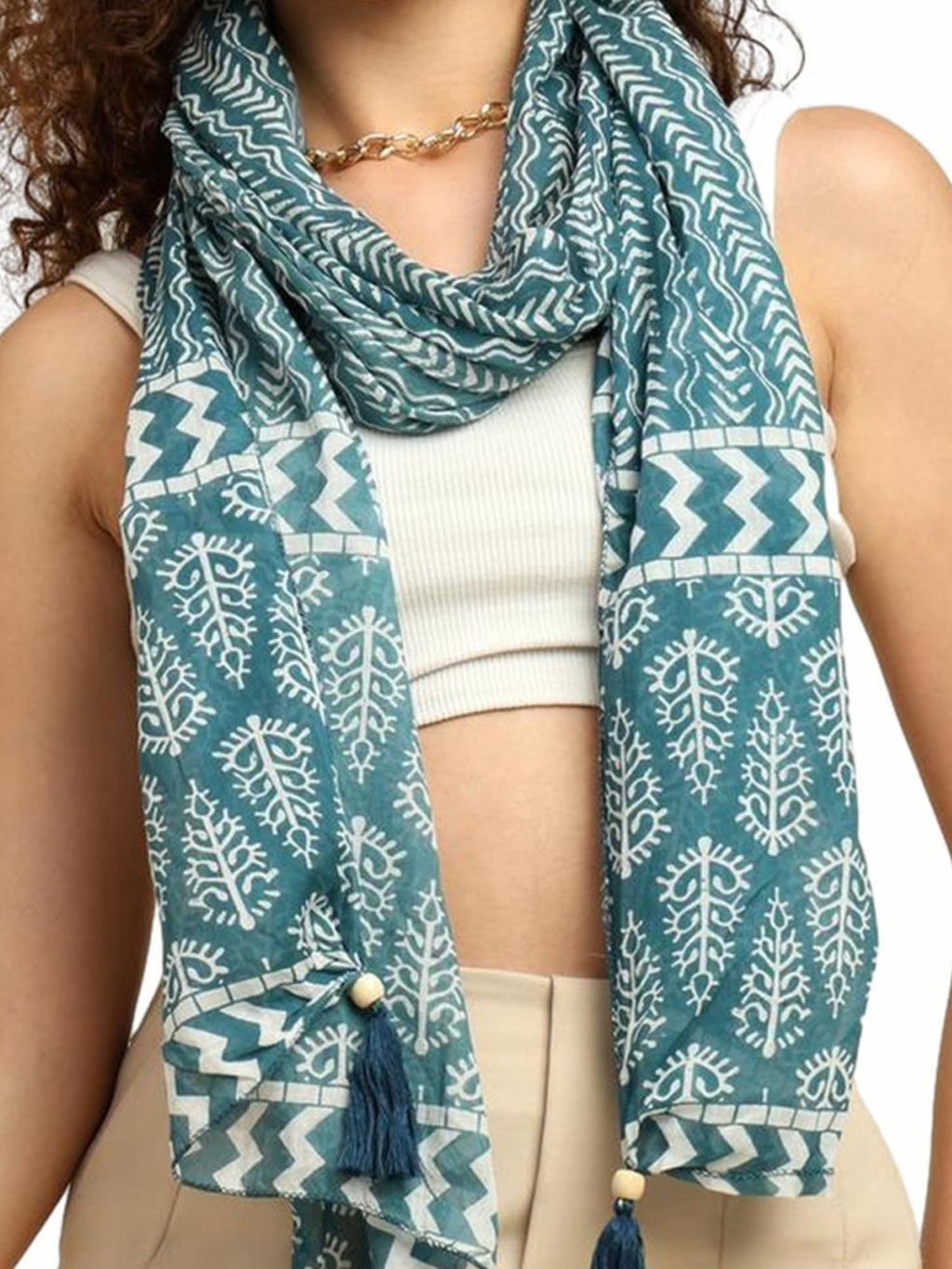 KE KANHA EXPORTS Scarf for Women Premium Cotton Boho | Dual Tone Border Print Stole with Tassels | Lightweight Summer Beach Wrap 180 x 50 cm |FREE Scrunchie Included (Aqua Blue)