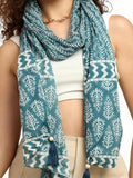 KE KANHA EXPORTS Scarf for Women Premium Cotton Boho | Dual Tone Border Print Stole with Tassels | Lightweight Summer Beach Wrap 180 x 50 cm |FREE Scrunchie Included (Aqua Blue)