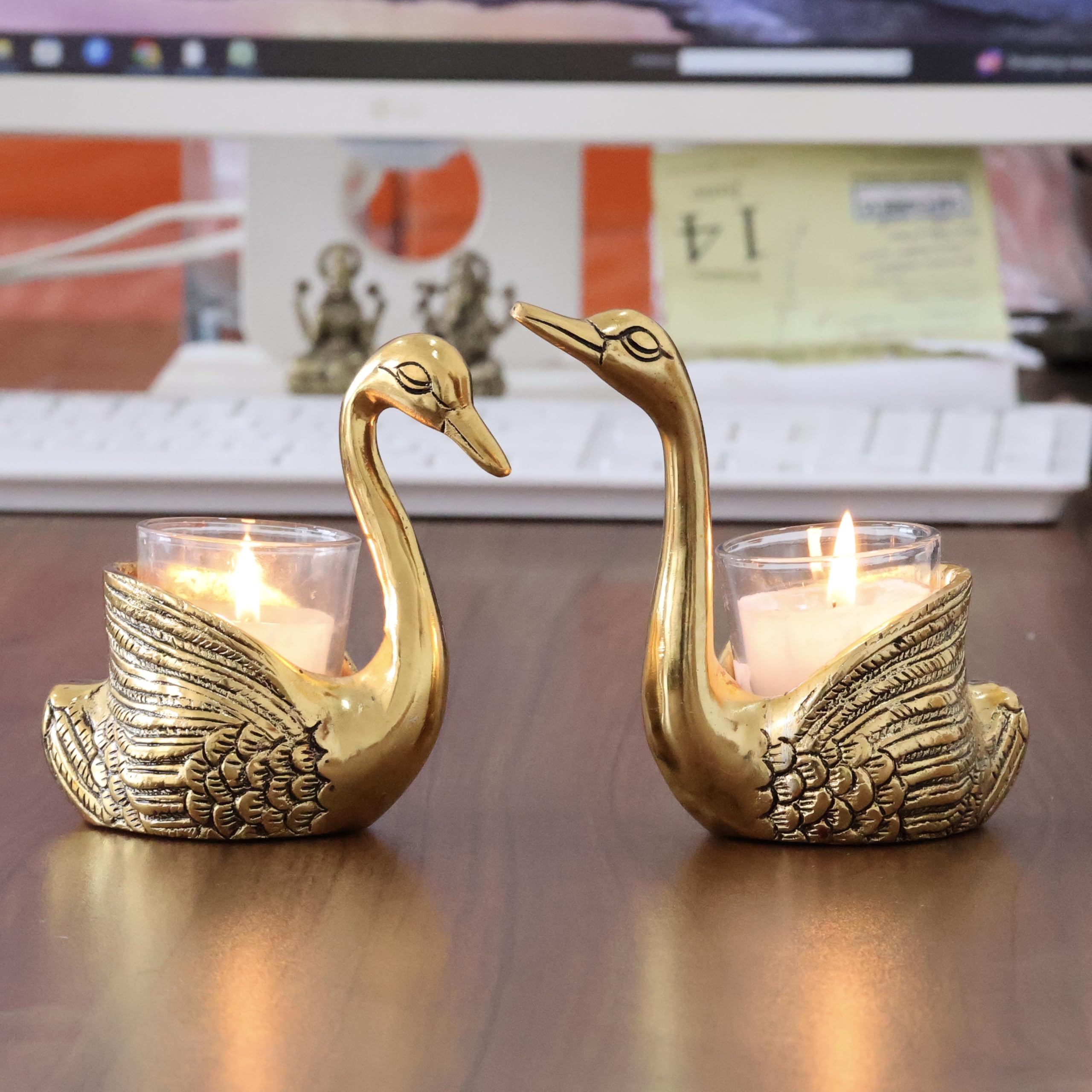 KridayKraft Aluminium Pair of Swans for Good Luck and Love | Candle Holder for Home Decor Tabletop | Showpiece for Gifting Anniversary Valentine's Day (Votive Candle Holders)