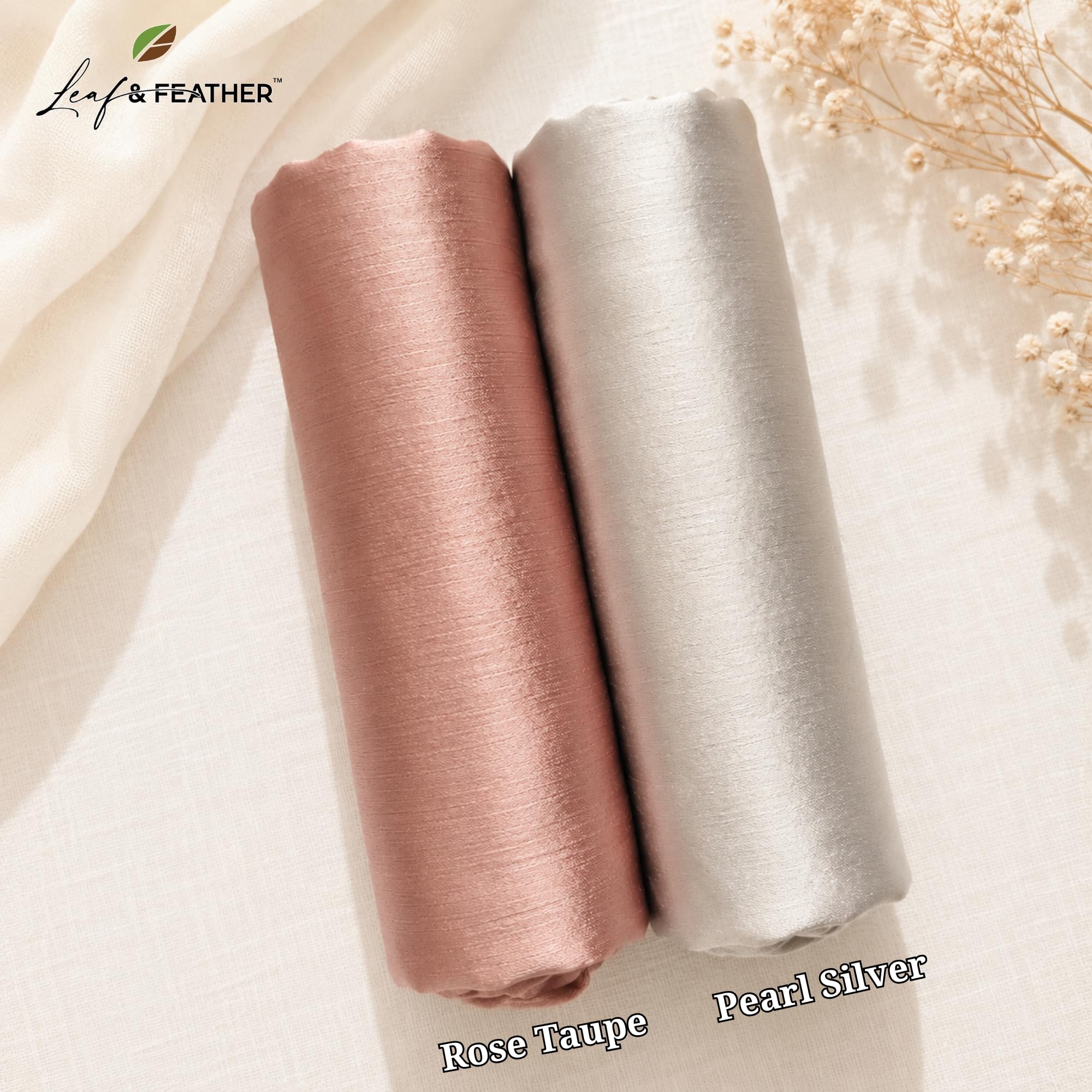Leaf & FEATHER™ Muna Satin Hijab Scarf for Women | Pack of 2 Hijab Set | 200 x 70 cm | Silky Smooth & Lightweight | Premium Everyday Color Collection (5. Rose Taupe - Pearl Silver)
