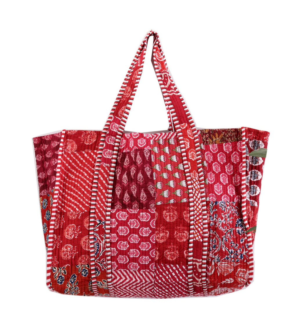 Ravaiyaa - Attitude is everything Patchwork Quilted Tote Bag Women Reversible Shoulder Bag Cotton Carry Bag Multipurpose Tote Bags (Red)