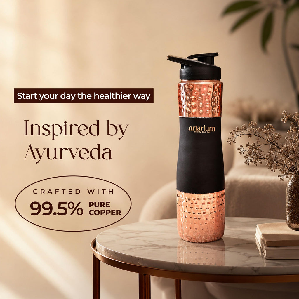 Artarium Sipper Bottle 100% Pure Lightweight Copper Water Bottle Leak Proof Protection Durable & Rust Proof Hammered Copper Bottle With Added Health Benefits (Sipper Water Bottle Black 1 Litre)
