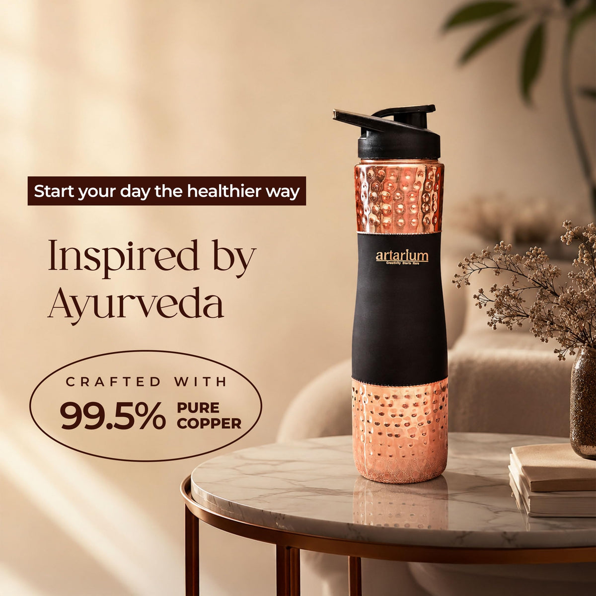 Artarium Sipper Bottle 100% Pure Lightweight Copper Water Bottle Leak Proof Protection Durable & Rust Proof Hammered Copper Bottle With Added Health Benefits (Sipper Water Bottle Black 1 Litre)