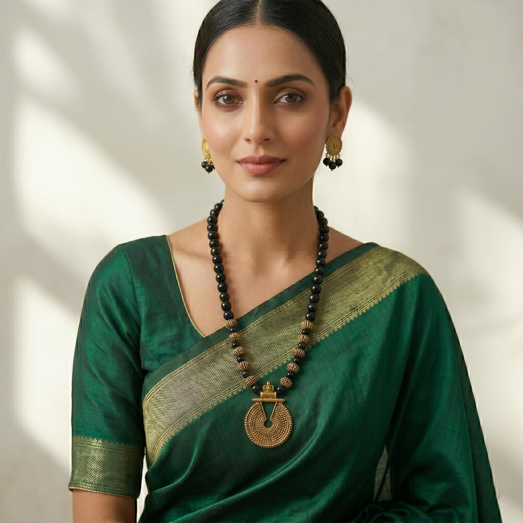 JFL - Jewellery for Less Gold Black Beaded Necklace Set for Women & Girls with Keyhole Pendant & Adjustable Length | Traditional Ethnic Jewellery | Ideal Gift for Valentine & Festive Occasion