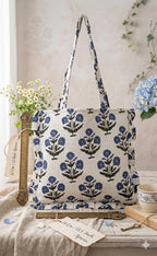 Rastogi Handicrafts Handmade Cotton Tote Bag Floral and Leopard Print Patterns, Blue White and Green Pink Shopping Shoulder, White, M