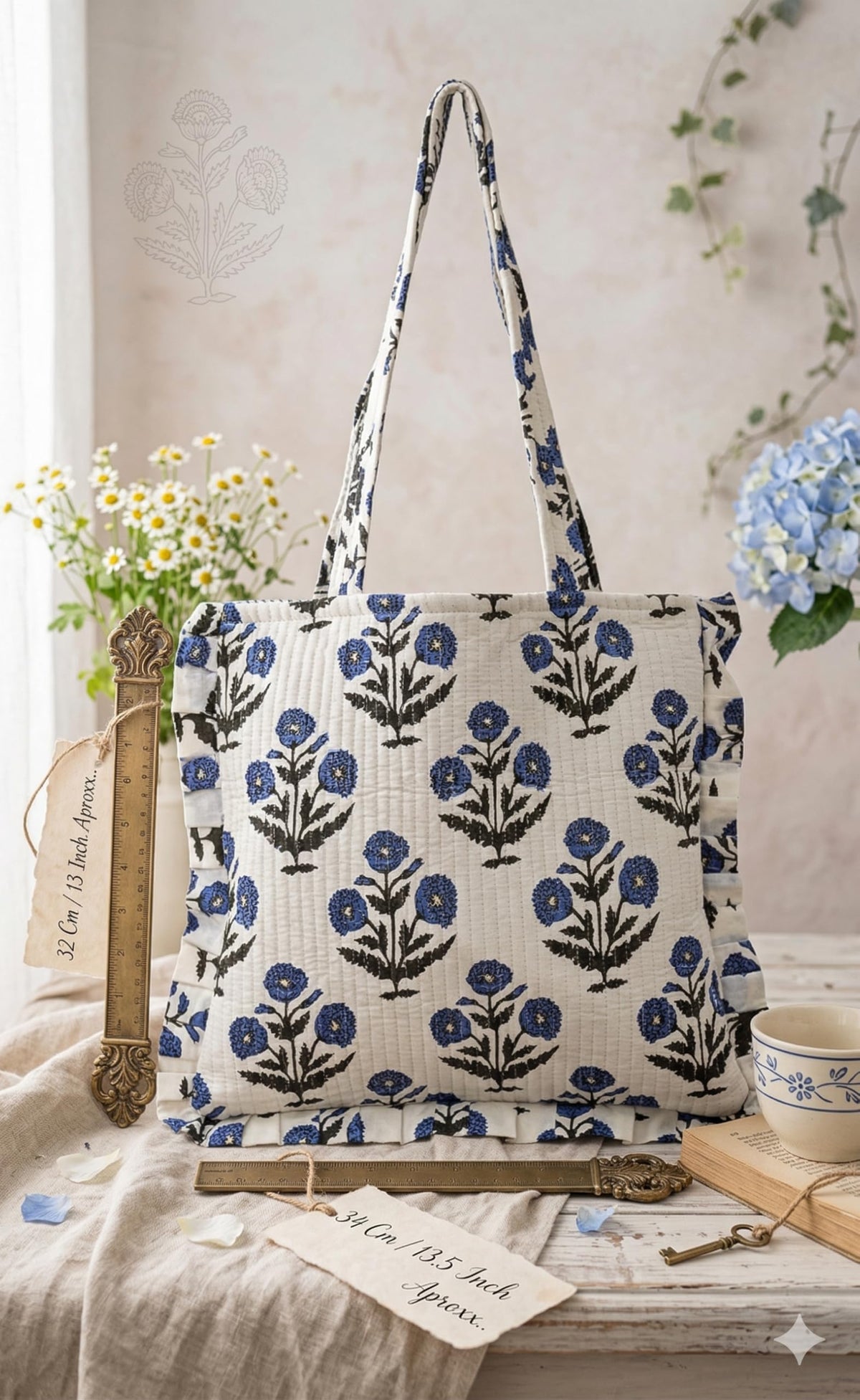 Rastogi Handicrafts Handmade Cotton Tote Bag Floral and Leopard Print Patterns, Blue White and Green Pink Shopping Shoulder, White, M