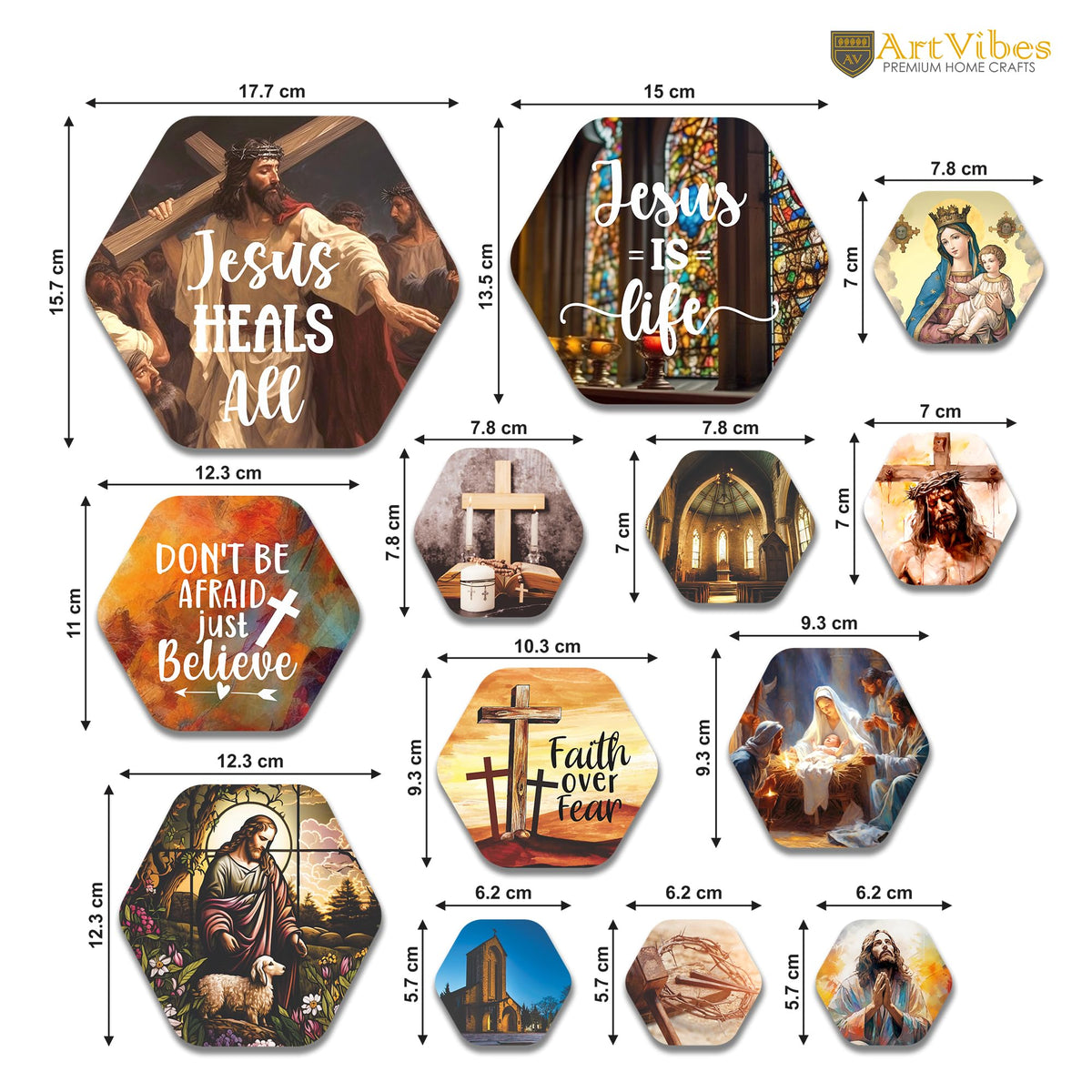 Artvibes Jesus Heals All Christian Art Hexagon Shape MDF Wooden Wall Decor Items | Spiritual Decor Items | Wall Art Paintings | Wall Illustrations| Stylish Modern Artwork | Gift (WPS_201N), Set of 13