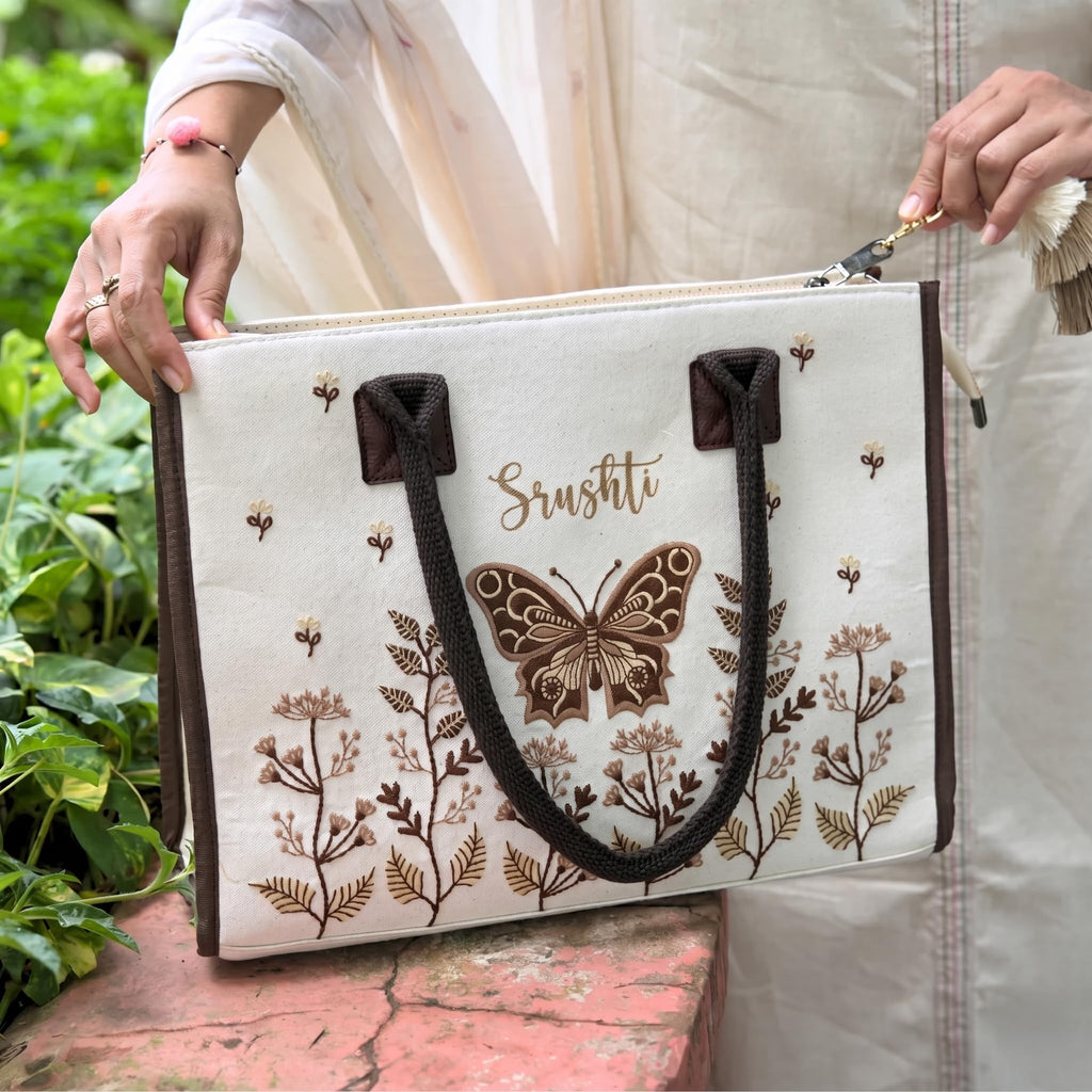 ECOCARRY Box Tote Bag for Women | Stylish Casual Shoulder Embroidered Cotton Canvas Hand Bag | Ladies Handbags for College Girls, Office Daily Use, Beach, Shopping, Travel | Off White Butterfly