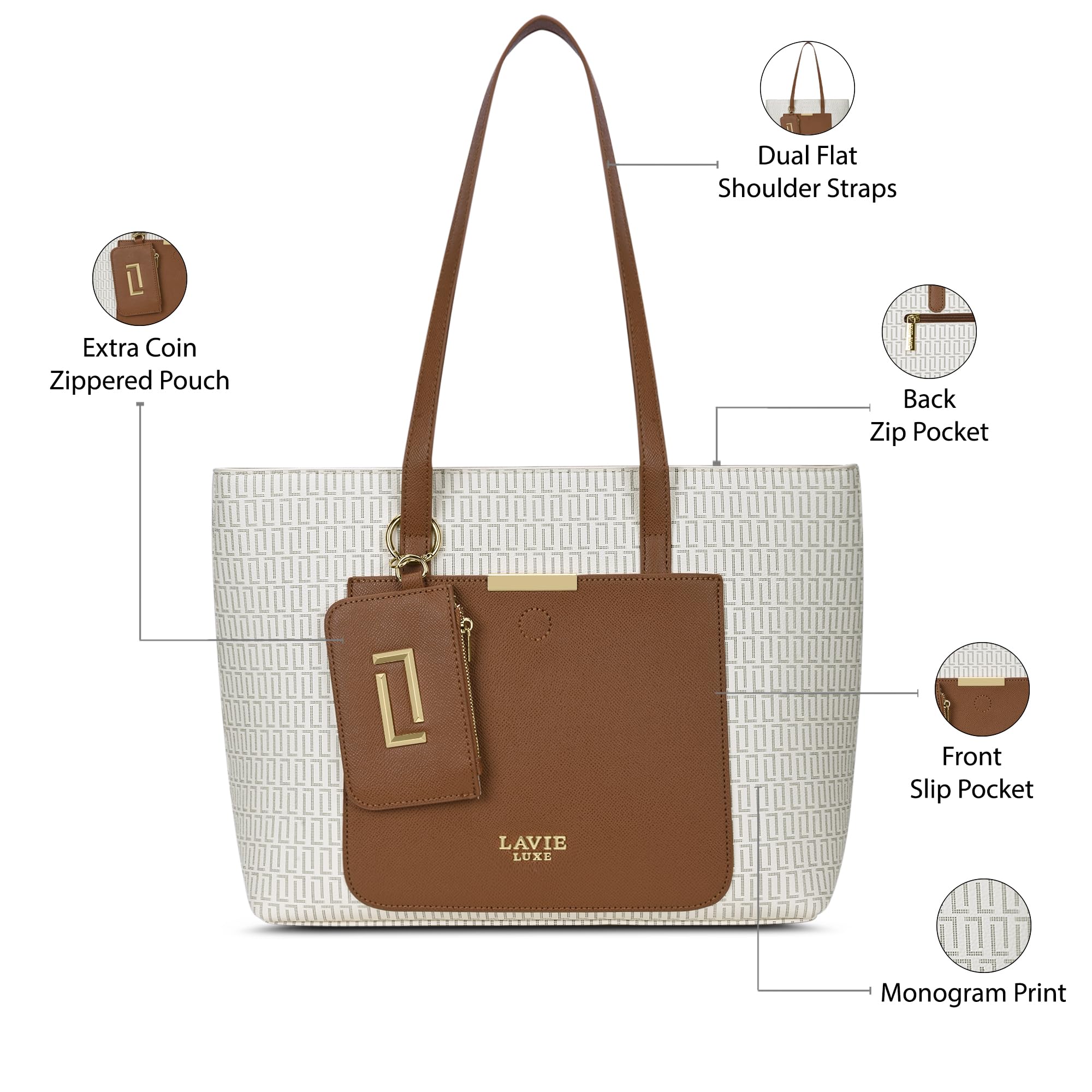 Lavie Luxe Women's Monogram Bliss Tote Handbag | Tote Bag For Work | Ladies purse | Stylish Shoulder Bag | Gift For Women