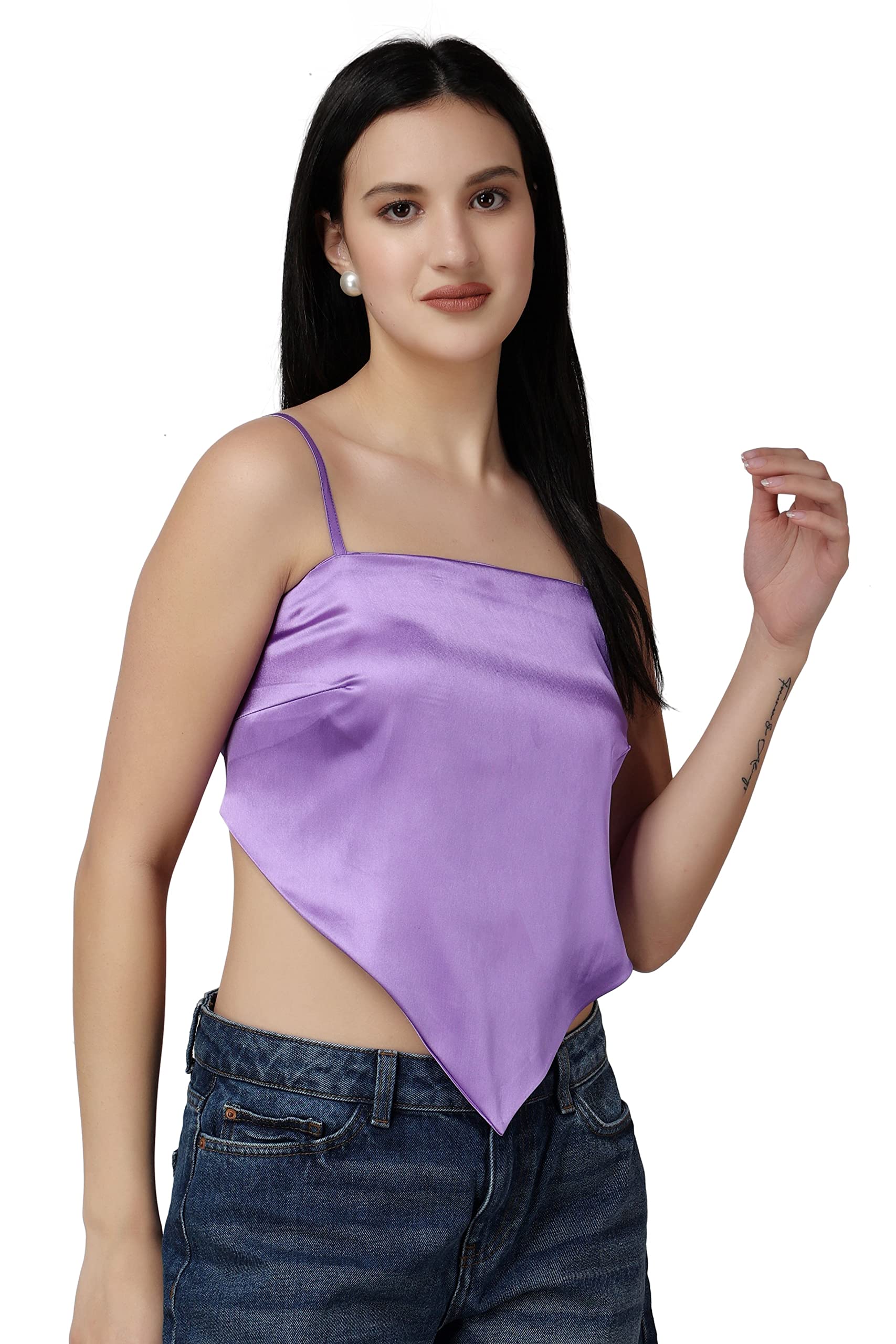 POPWINGS Casual Hankie Style Satin Solid Crop Top for Women || Square Neck Crop Top for Women || Sleeveless Crop Top for Women || Latest Stylish Women Crop Top for Summer