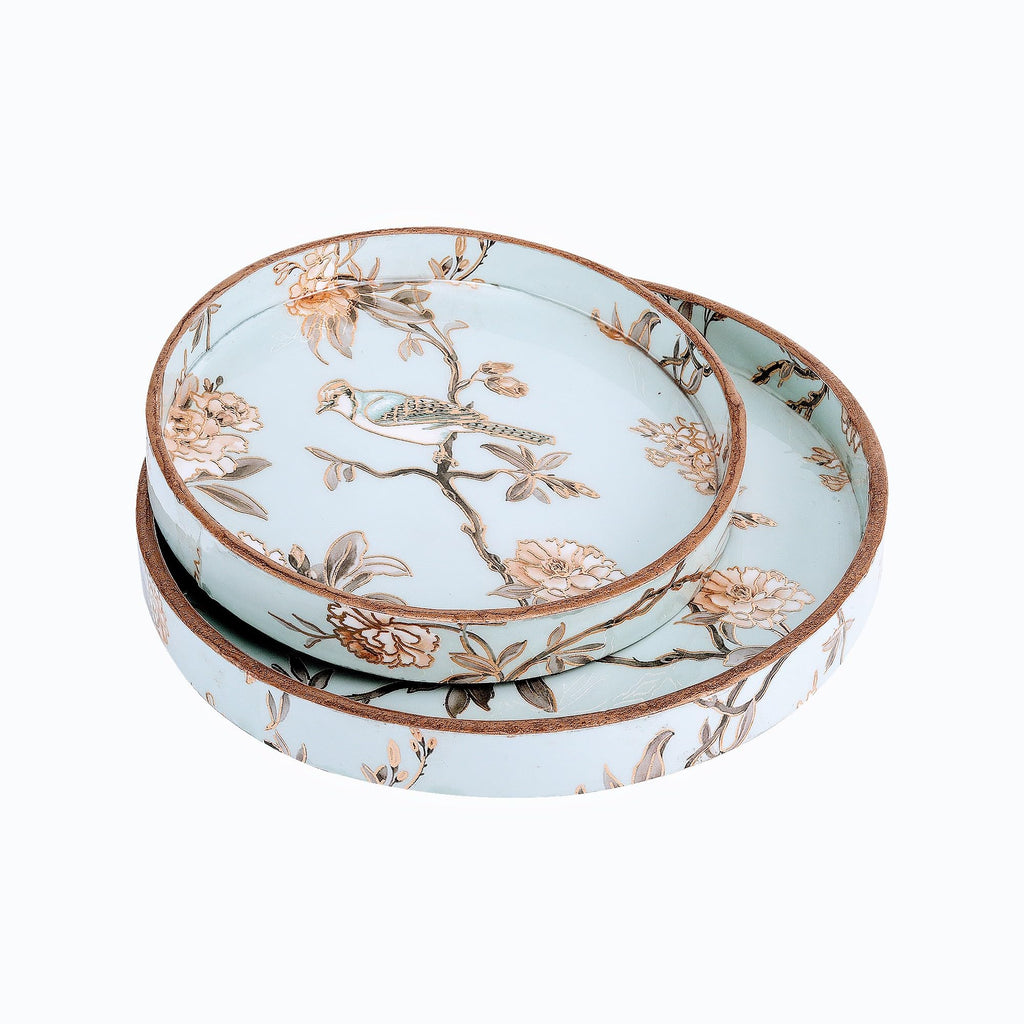 TrayFi MDF Round Wooden Serving Tray | Pack of 2 | Enamel Finished Trays - Size : 9x9, 7x7 Inches | Handcrafted Wooden Tray for Kitchen & Dining (Blue Birds)