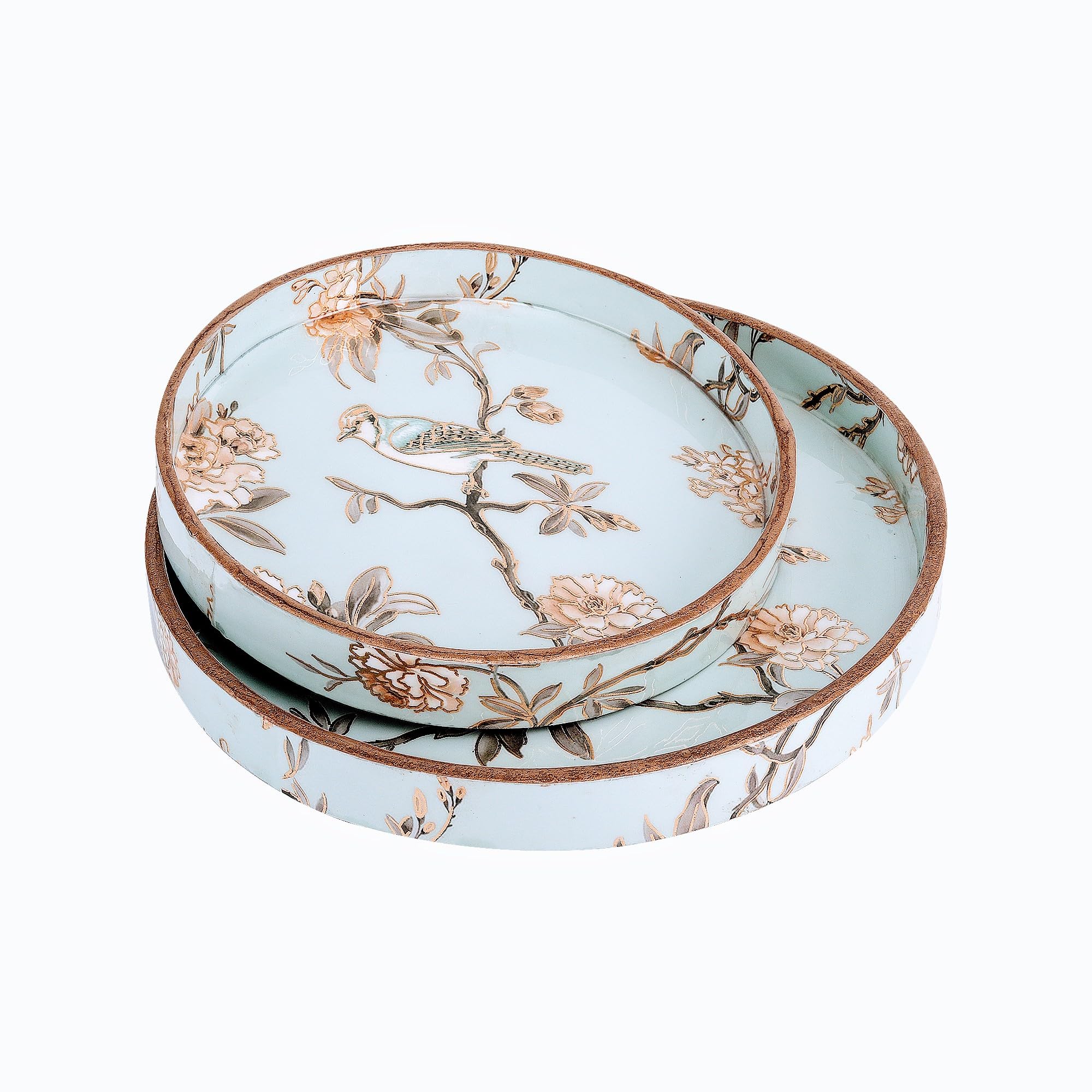 TrayFi MDF Round Wooden Serving Tray | Pack of 2 | Enamel Finished Trays - Size : 9x9, 7x7 Inches | Handcrafted Wooden Tray for Kitchen & Dining (Blue Birds)