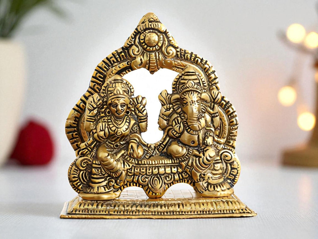 KridayKraft Metal Lakshmi & Ganesha Idol Pair – Gold-Finish Mini Statues (12 cm 5 Lenth × 12 Cm Hight 5), 200 g – Auspicious Home Puja Decor & Diwali Gift