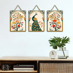 Artvibes Peacock Madhubani Art Home Wooden Art Decoration Item for Living Room | Room Wall Art | Wood Decorative Items | Modern Decoration | Wall Art Print | Unique Gift Items (WH_96147N), Set of 3