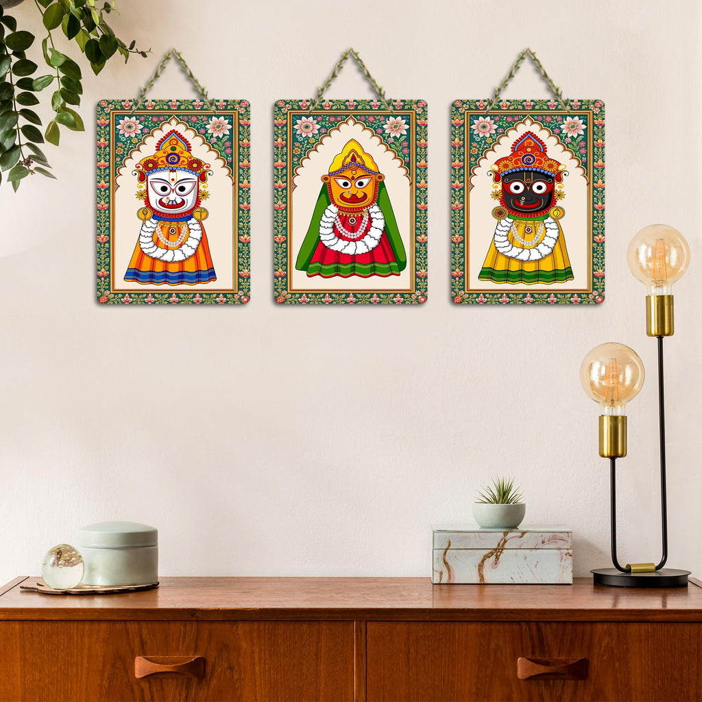 Artvibes Jagannath Balabhadra Subhadra Decorative Wall Art MDF Wooden Wall Hanger for Home | Art For Wall | Door Decoration Items | Wall Poster | Paintings For Wall | Unique Gift (WH_96165N), Set of 3