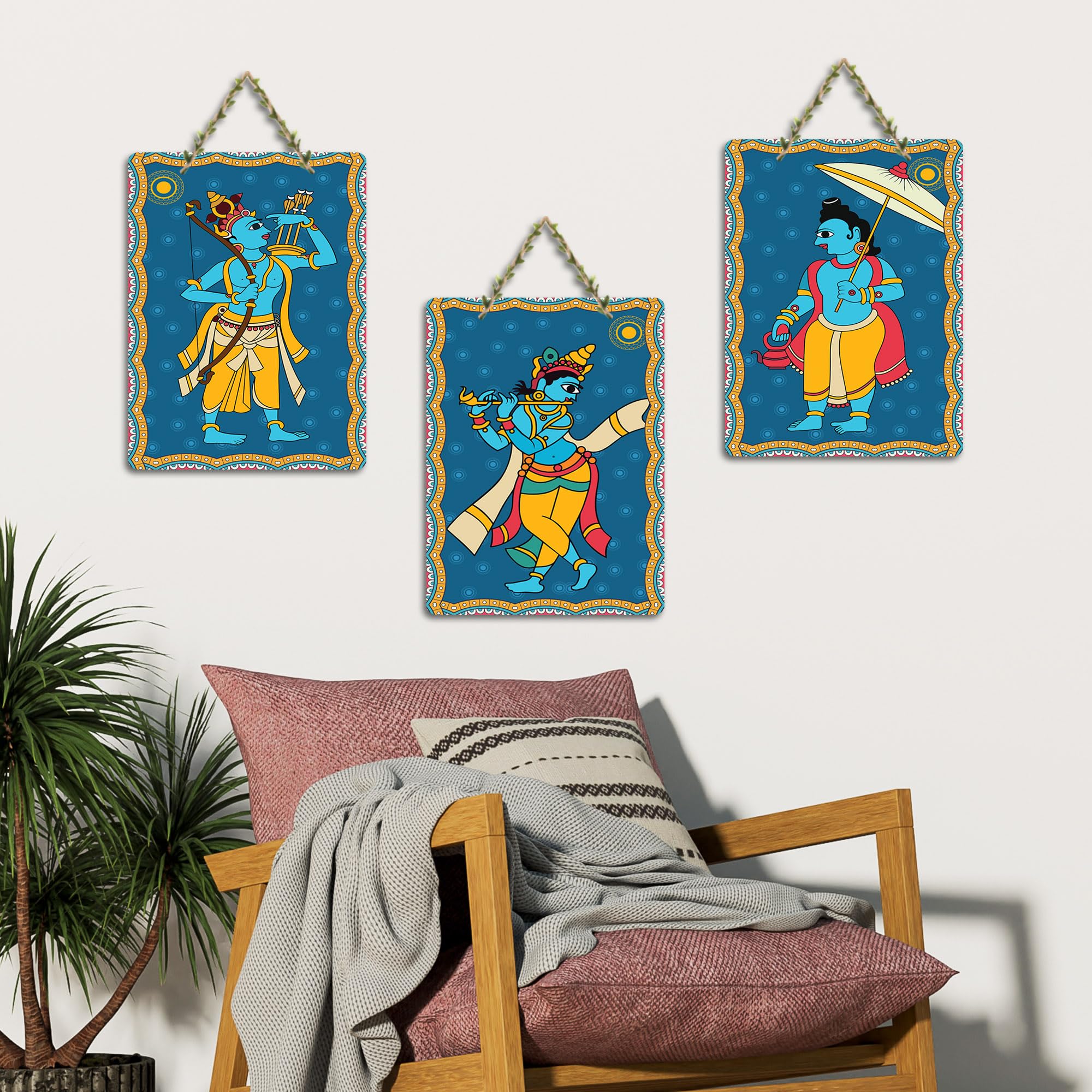 Artvibes Divine Shri Krishna & Ram Indian Religious Art Wooden Wall Hanger for Home | Spiritual Decor Items | Wall Poster | Artwork| Stylish Modern Decor Item | Gift Items (WH_96182N), Set of 3