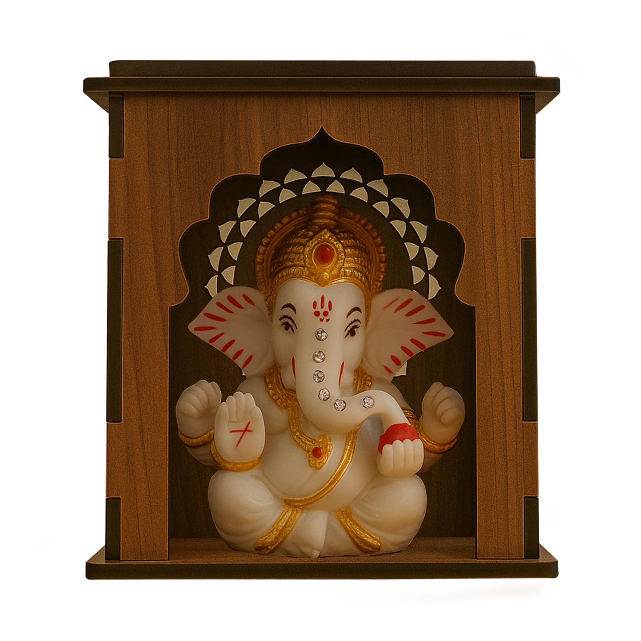 SOLOBOLO Wooden Car Dashboard Mandir with Ganpati Idol | Mini Temple for Car, Office Desk, Café & Home | Small Pooja Mandir for Gifting & Tabletop Decoration
