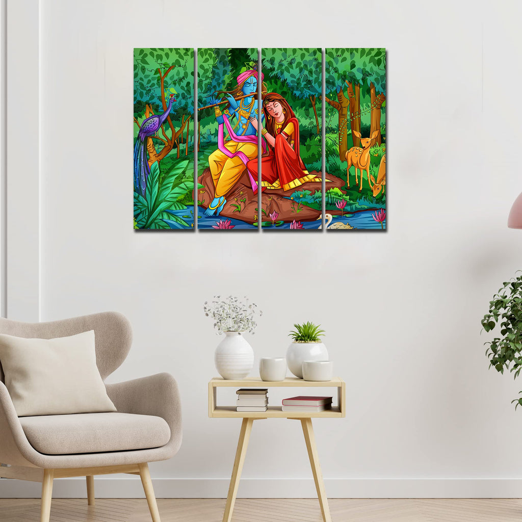VIBECRAFTS Beautiful Radha Krishna In Forest 4 Pieces Canvas Wall Painting Fitted With Wooden Frame For Home | Office | Living Room | Gift(PTVC4Pcs1_13512)