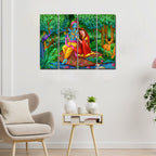 VIBECRAFTS Beautiful Radha Krishna In Forest 4 Pieces Canvas Wall Painting Fitted With Wooden Frame For Home | Office | Living Room | Gift(PTVC4Pcs1_13512)