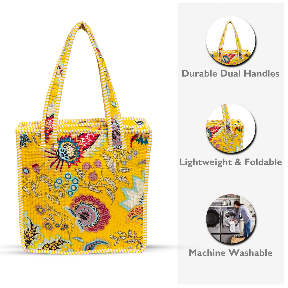 Cotton Quilted Tote Bag for Women | Lightweight Reusable Shoulder Handbag | Durable Eco-Friendly Shopping Bag | Large Capacity Travel, Office & Daily Use Carry Bag | Stylish Utility Tote (Floral )