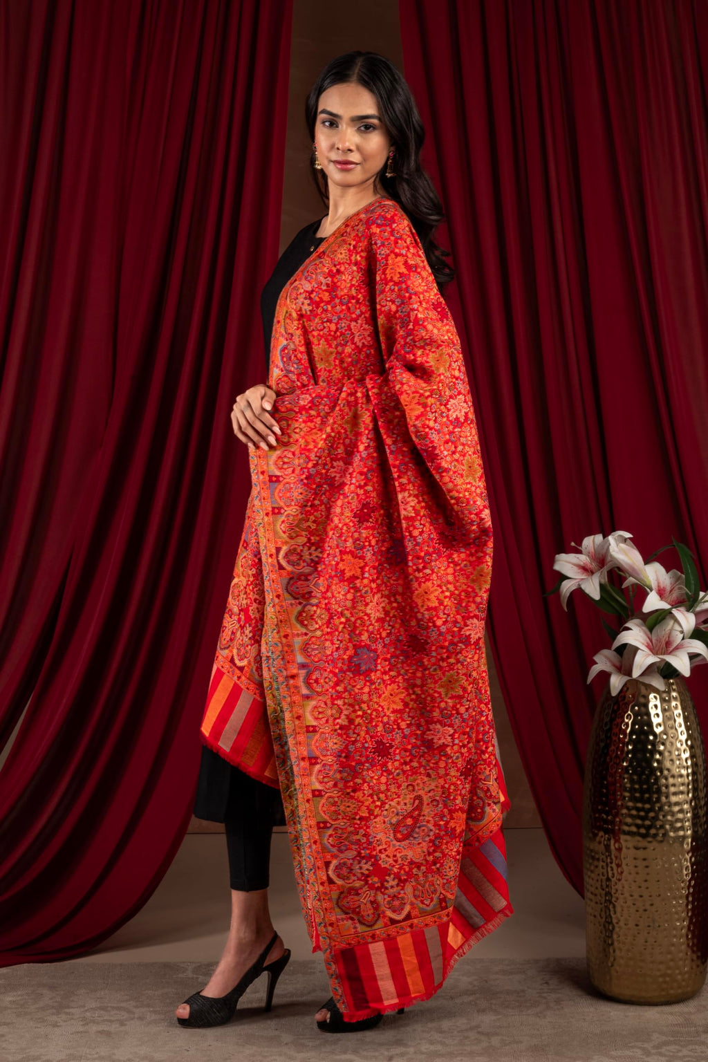 Naureen Women Pashmina Blend Kani Shawl with Floral Artwork, Warm and Soft, 40x80 inch