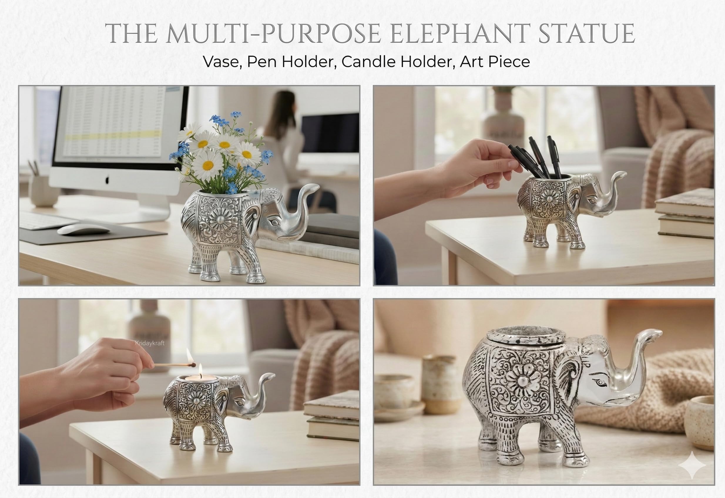 Kridaykraft Decorative Metal Trunk-Up Elephant – Multi-Purpose Small Flower Vase, T-Light Holder, and Stationery Organizer for Living Room and Office – Elegant Silver Elephant Statue for Good Luck
