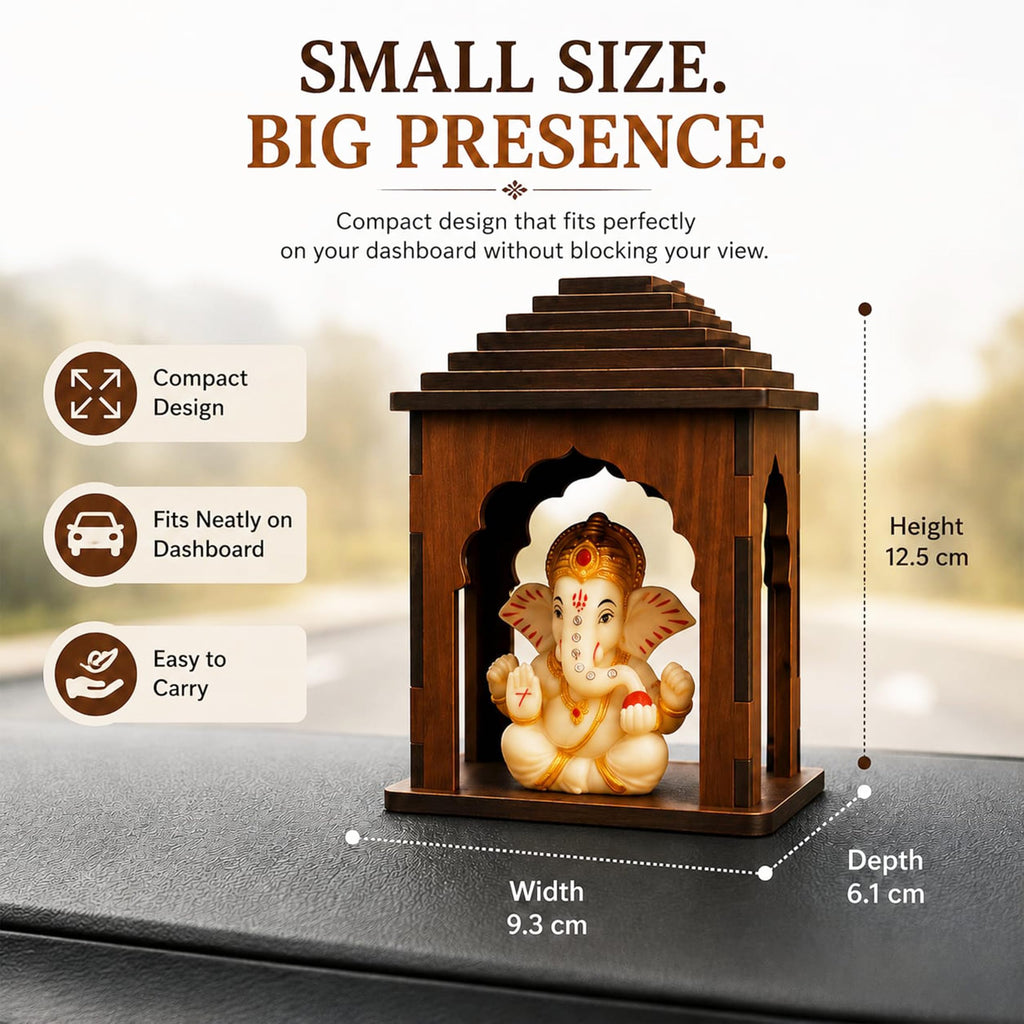SWAGSTATION Wooden Car Dashboard Mandir with Ganpati Idol | Mini Temple for Car, Office Desk, Café & Home | Small Pooja Mandirs for Gifting & Tabletop Decoration (Mandir 2)
