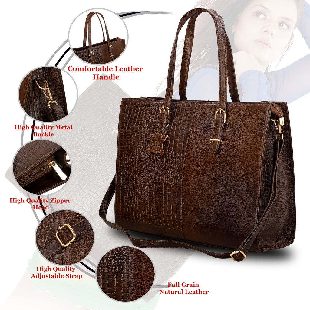 HYATT Leather Accessories Full-Grain Natural Cro Leather Ladies Handbags & Sling Shoulder Tote Bags For Women Laptop Big Size Branded Stylish. Size- L-16 X H-12.5 x W- 4.5 Inches (MEHANDI GREEN)