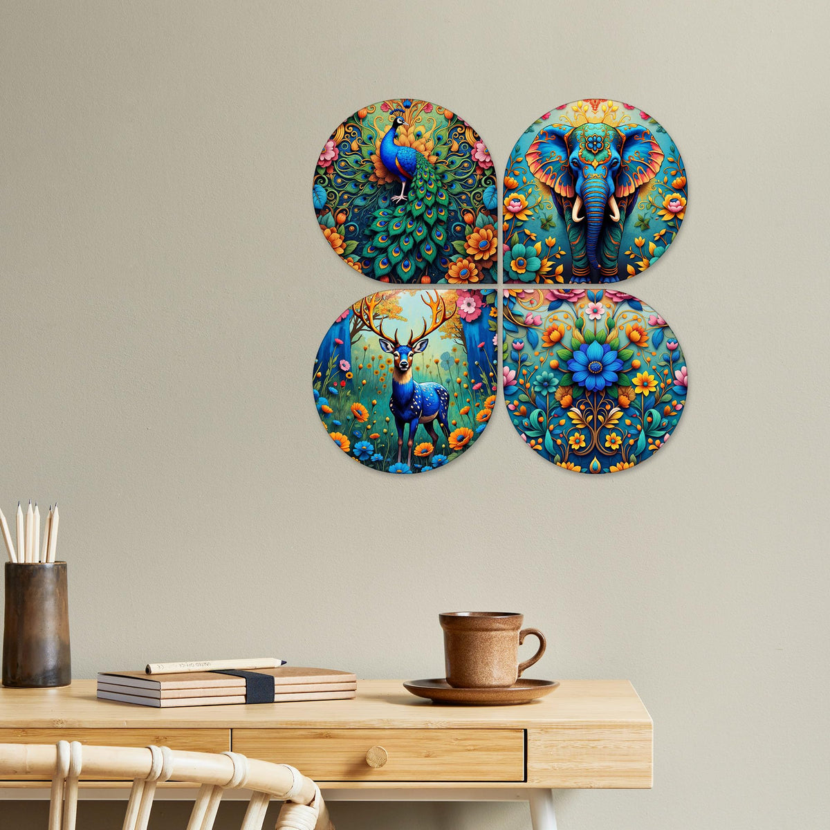 Artvibes Nature Wooden Art Decoration Item for Home | Handcrafted Art | Decoration Wall Hanging Items | Wall Sculpture | Wall Art Print | Paintings For Wall | Unique Gift Items (WH_8425N), Set of 4