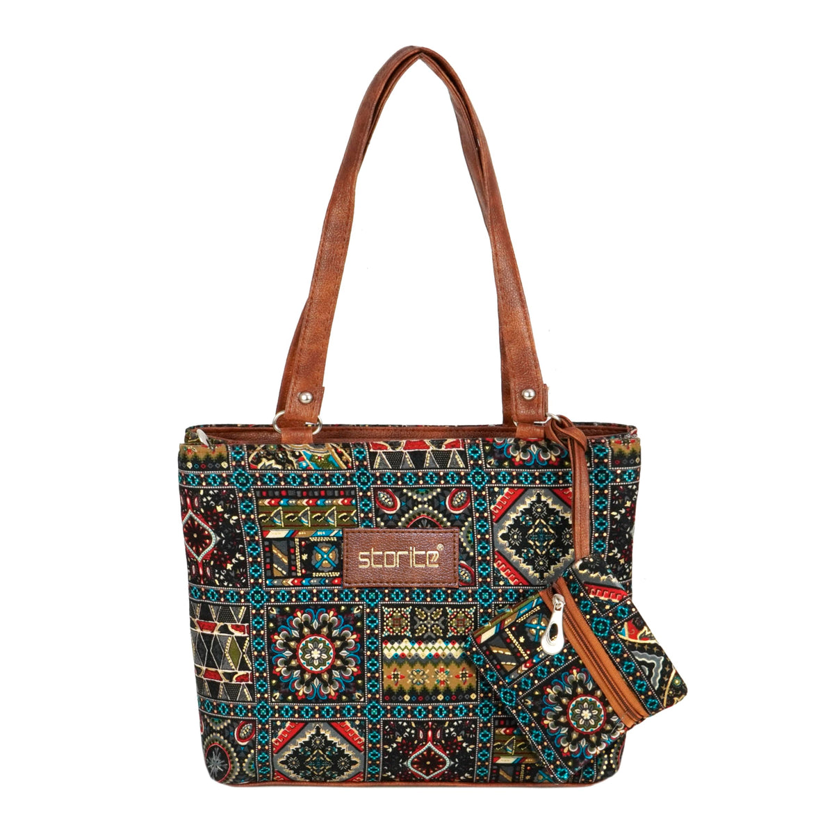 Storite Women's Tote Bag With Leather Handles & Embroidery Printed