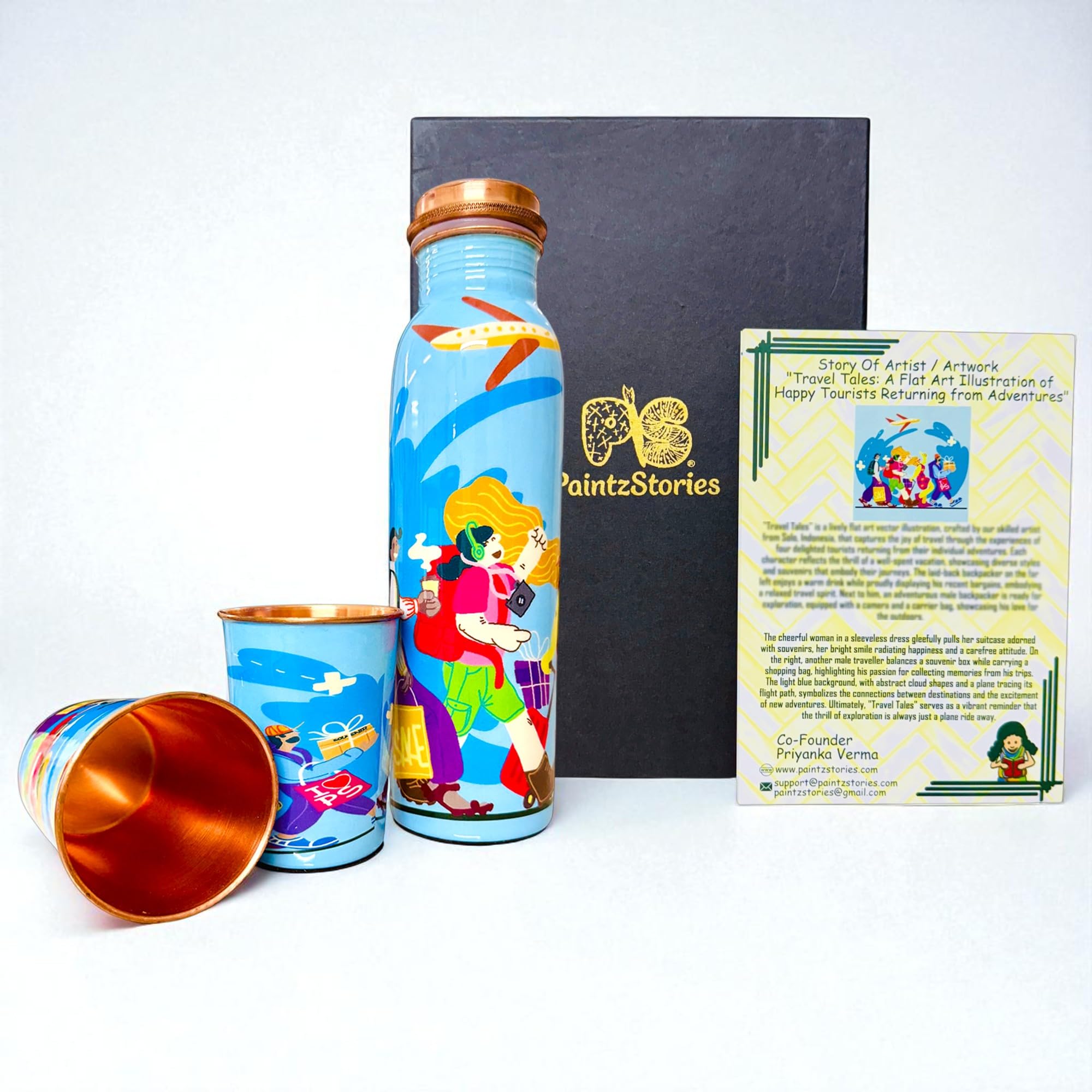 PAINTZSTORIES Travel Tales Happy Tourists Returning from Adventures Artistic Copper Water Bottle Set | Handcrafted Tamba Bottle with 2 Glasses | Home Décor, Office, Travel & Gifting | 900 ml