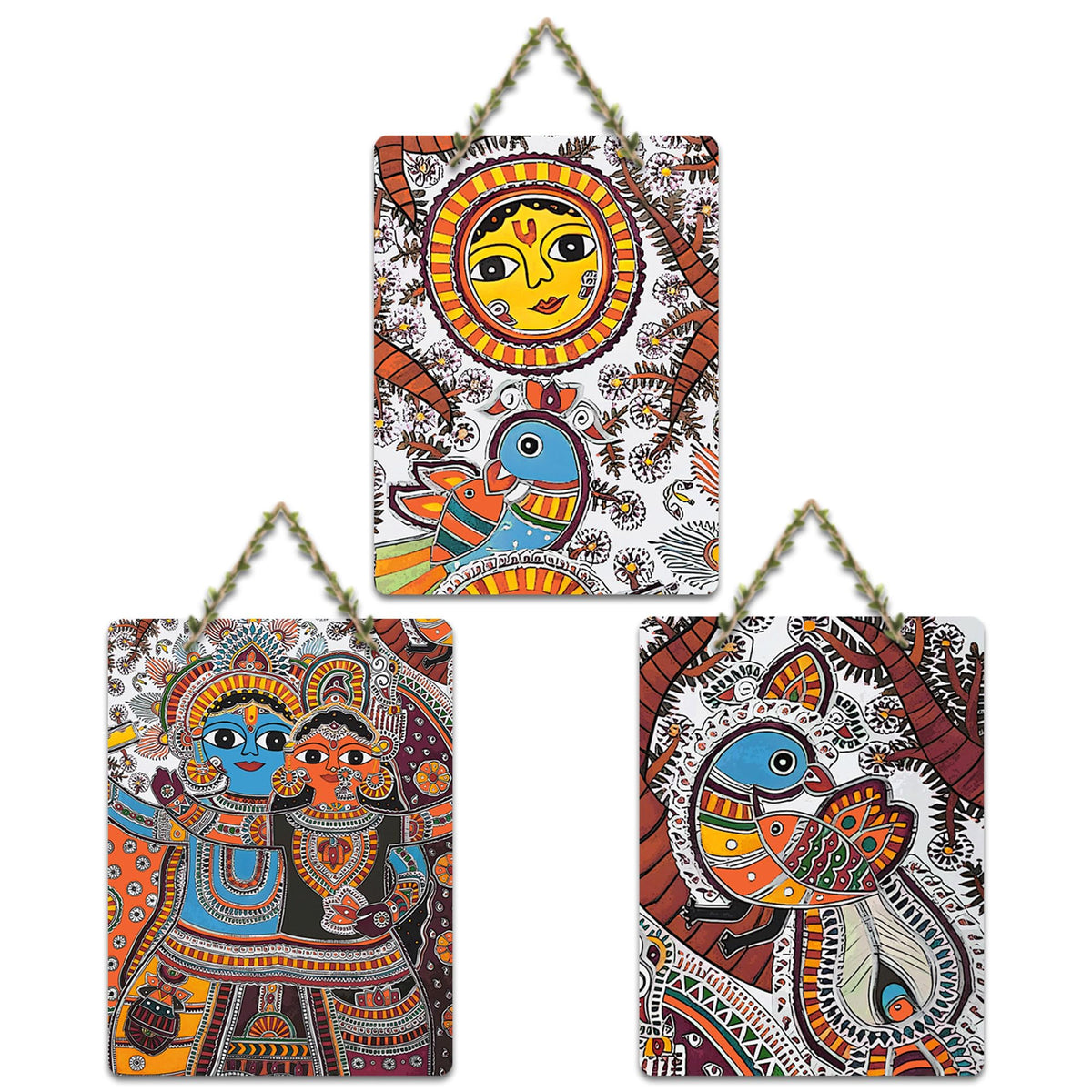 Artvibes Radha Krishna Madhubani Art Wooden Wall Hanger for Home Decor | Living Room | Office | Cafe | Scenery For Drawing Room | Wall Poster | Handcrafted Art | Unique Gift (WH_9606N), Set of 3