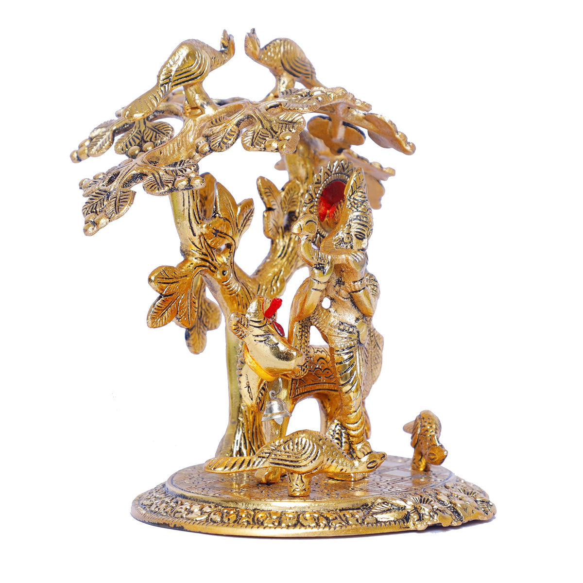 KridayKraft Krishna Playing Flute with Kamdhenu Cow Standing Under Tree Metal Statue for Pooja & Home Office Religious Idol Decorative Showpiece Table Top Figurines Murti for Decoration & Gift Purpose