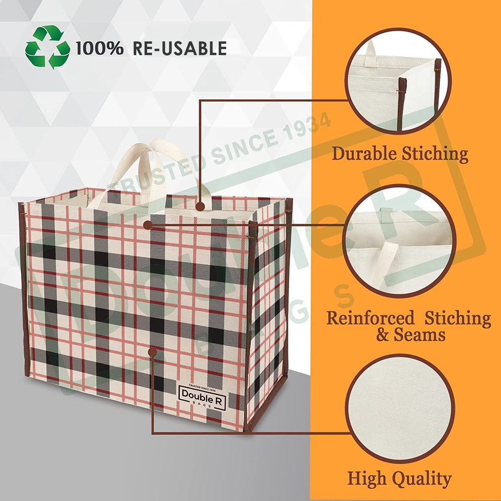DOUBLE R BAGS Heavy Duty Cotton Canvas Grocery Shopping Bag | Eco-Friendly Cloth Tote for Vegetables, Milk, Fruits & Lunch | 44 x 20 x 33cm | 1 Compartment | Pack of 1 Check Print