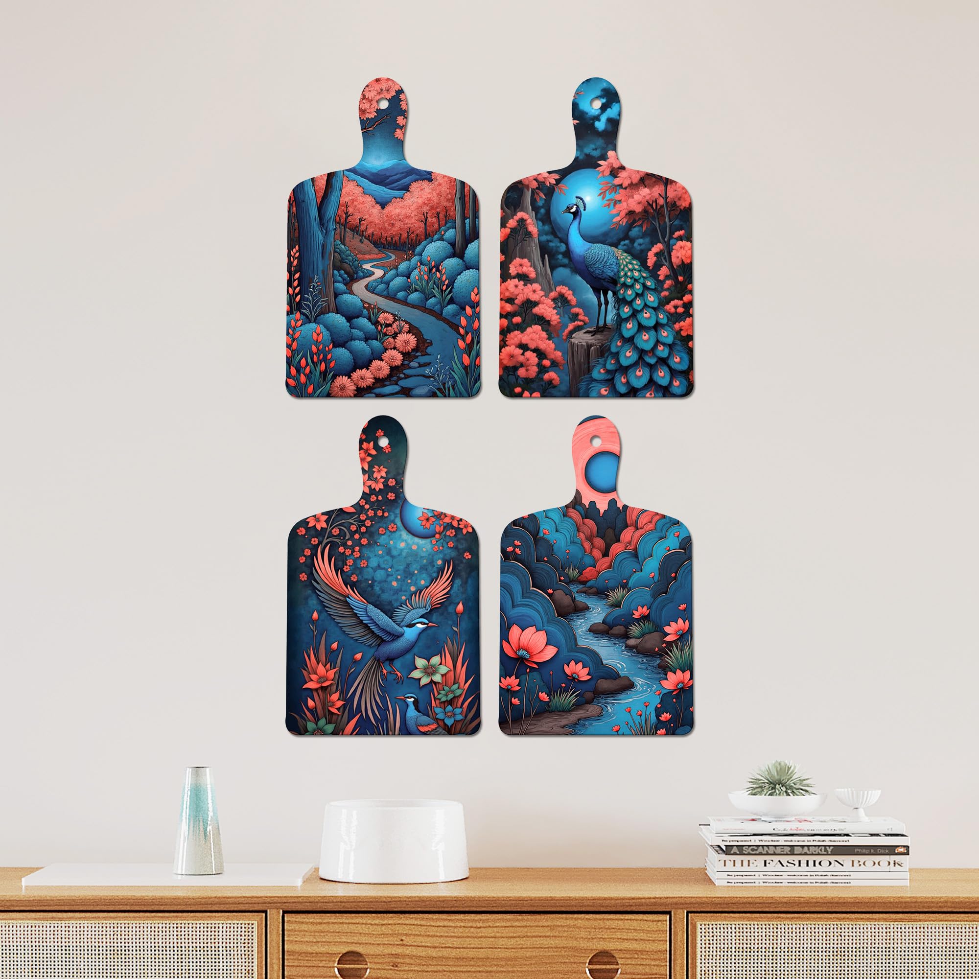 Artvibes Colorful Peacock & Bird Art Wooden Art Decoration Item for Home | Living Room | Office | Cafe | Painting Wall Decor | Wall Poster | Door Hanging Art Items | Unique Gift (WH_5650N), Set of 4