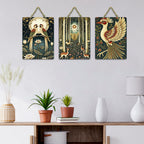 Artvibes Moonlit Love Birds & Mystical Deer Forest Wooden Art Decoration Item for Living Room | Wall Accent | Sceneries | Wall Illustrations | Graphic Artwork | Unique Gift Items (WH_9668N), Set of 3