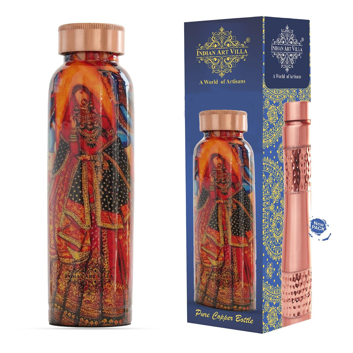 INDIAN ART VILLA Copper Water Bottle 900 ml, “Padharo Mhare Desh” Theme, Rajasthani Meena Printed Design, Handcrafted (0.9 Litre)