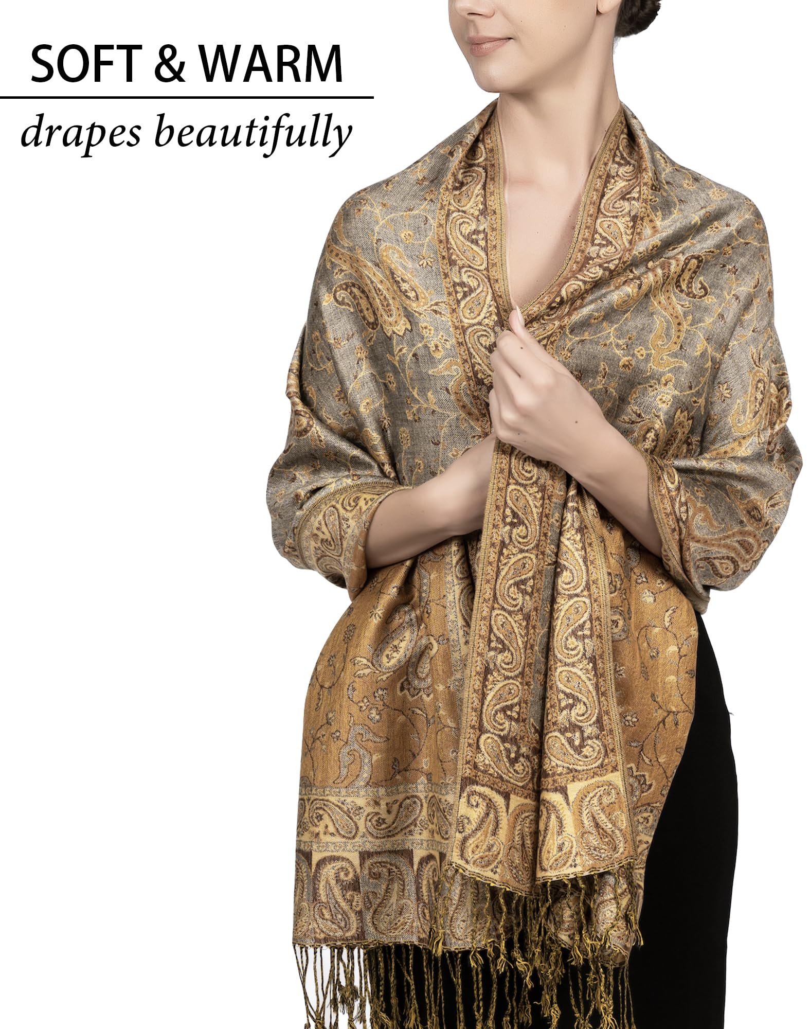Achillea Soft Silky Reversible Paisley Pashmina Shawl Wrap Scarf w/Fringes