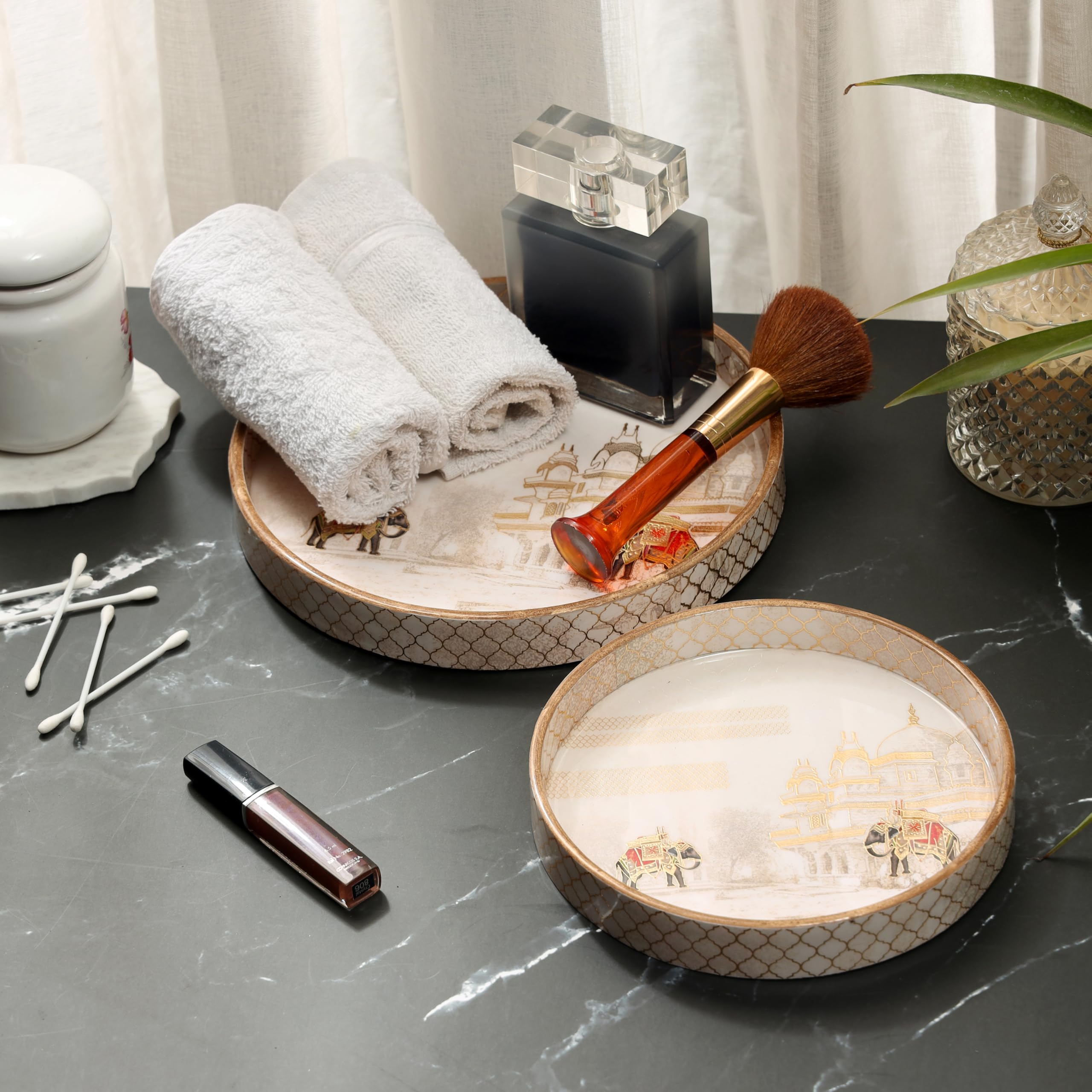 DULI Set of 2 MDF Wood Trays Enamel Coated| Round Trays Set of 2 | Serving Trays | Wooden Tray | Kitchen&Dining Decorative | Resin Tray | 7x7, 9 x 9 inches (SmSetof2Rd-WhiteElephant)