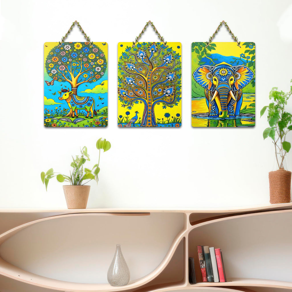 Artvibes Elegant Elephant & Cow Decorative Wall Art MDF Wooden Wall Hanger for Home | Aesthetic Wooden Decor | Graphic Artwork | Wall Illustrations | Sceneries | Unique Gift Items (WH_9674N), Set of 3