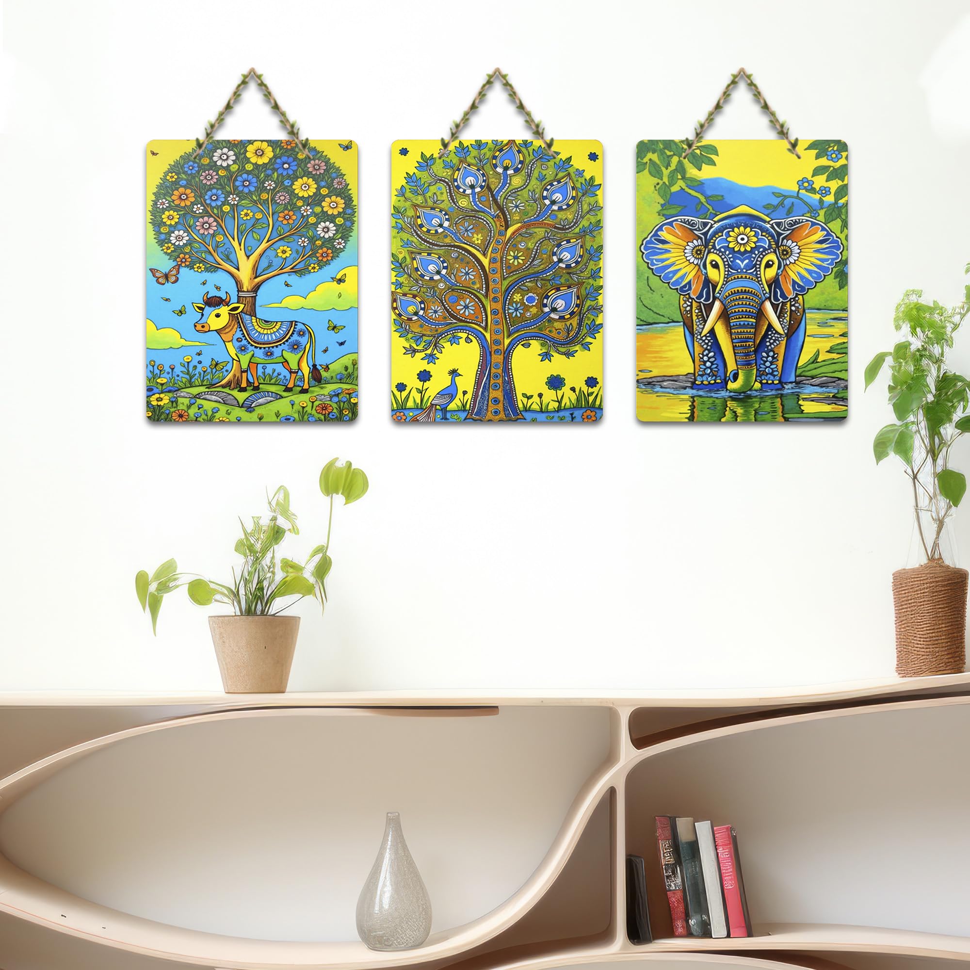Artvibes Elegant Elephant & Cow Decorative Wall Art MDF Wooden Wall Hanger for Home | Aesthetic Wooden Decor | Graphic Artwork | Wall Illustrations | Sceneries | Unique Gift Items (WH_9674N), Set of 3