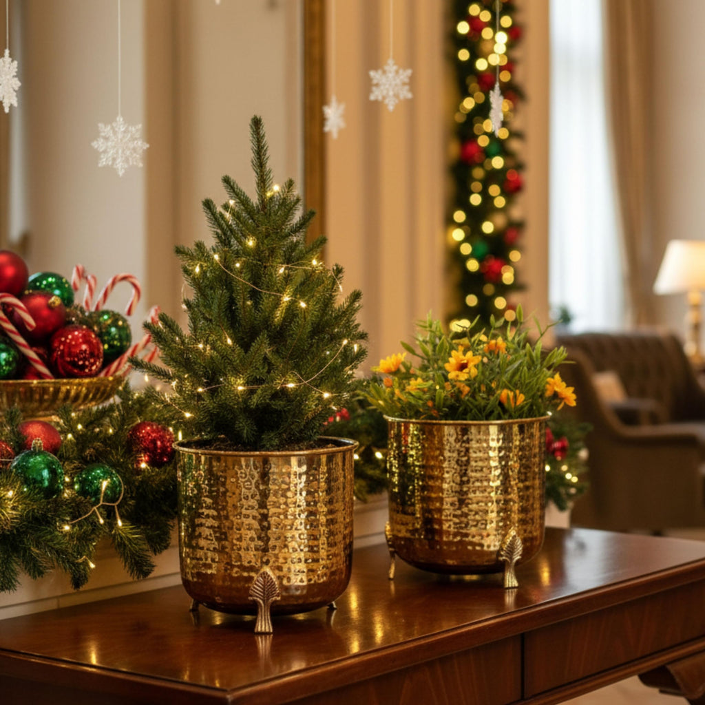 BEHOMA Hammered Gold Metal Planter for Home, Golden - Set of 2