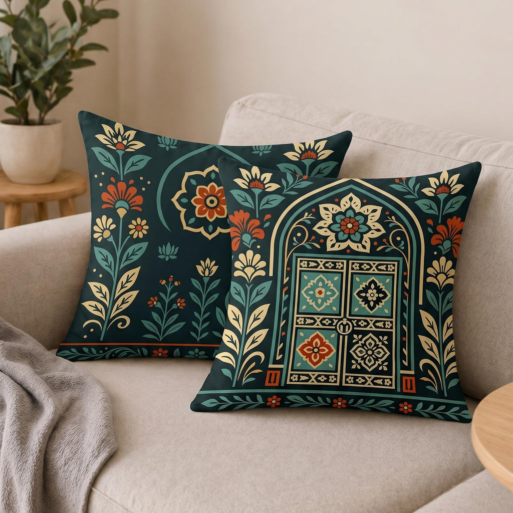 STITCHNEST Satin Cushion Covers Pack of 2 Rajasthani Haveli Door & Floral Arch Design, 16x16 Inch, Black Ethnic Decor for Sofa, Living Room & Festive Styling