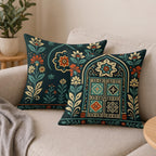 STITCHNEST Satin Cushion Covers Pack of 2 Rajasthani Haveli Door & Floral Arch Design, 16x16 Inch, Black Ethnic Decor for Sofa, Living Room & Festive Styling