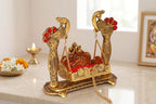 KridayKraft Laddu Gopal Jhula for Krishna Idol, Peacock Metal Palna with Gold Finish & Stone Work, Bal Gopal Swing Singhasan for Janmashtami, Home Mandir, Pooja & Gifting, 20 x 9.5 x 19 cm