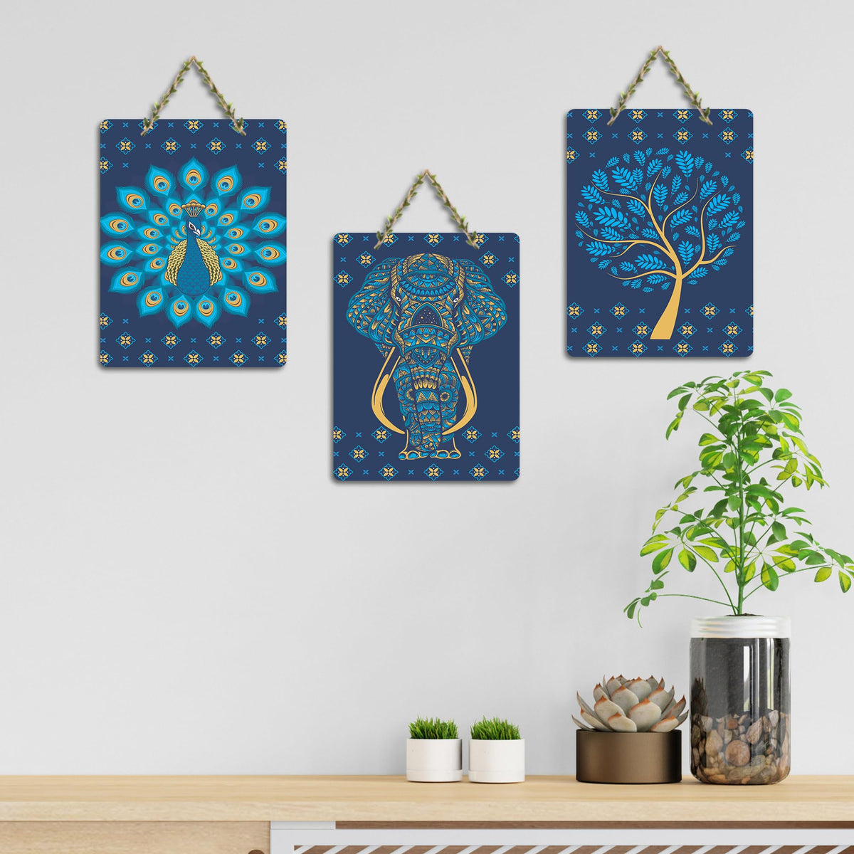 Artvibes Elephant & Peacock Aesthetic Modern Art Wooden Wall Hanger for Home Decor | Art For Wall | Door Decoration Items | Graphic Artwork | Aesthetic Wooden Decor | Unique Gift (WH_96150N), Set of 3