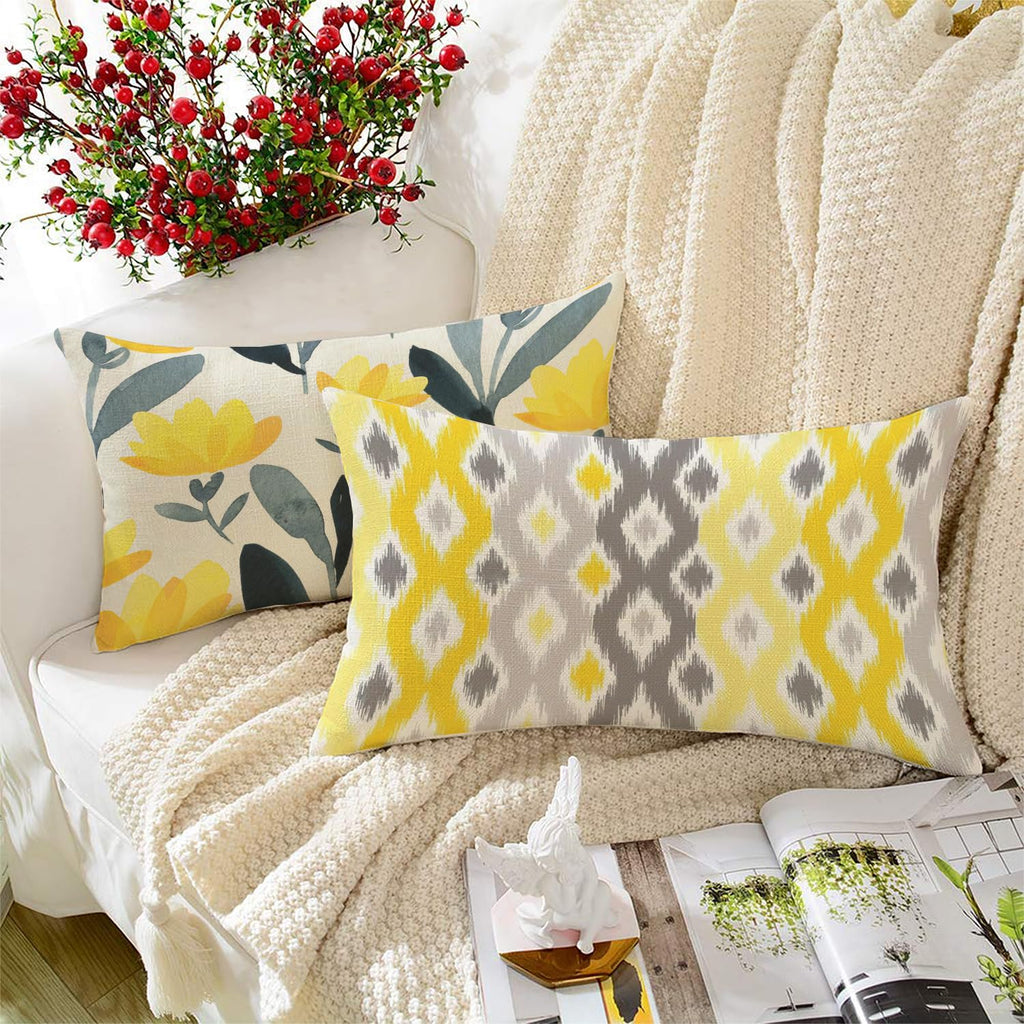 STITCHNEST Set of 2 Polycotton Cushion Covers – 12x18 Inches – Yellow & Grey Ikat-Inspired Geometric Print – Vibrant Cushion Covers for Sofa, Couch & Living Room | Perfect for Home Decor