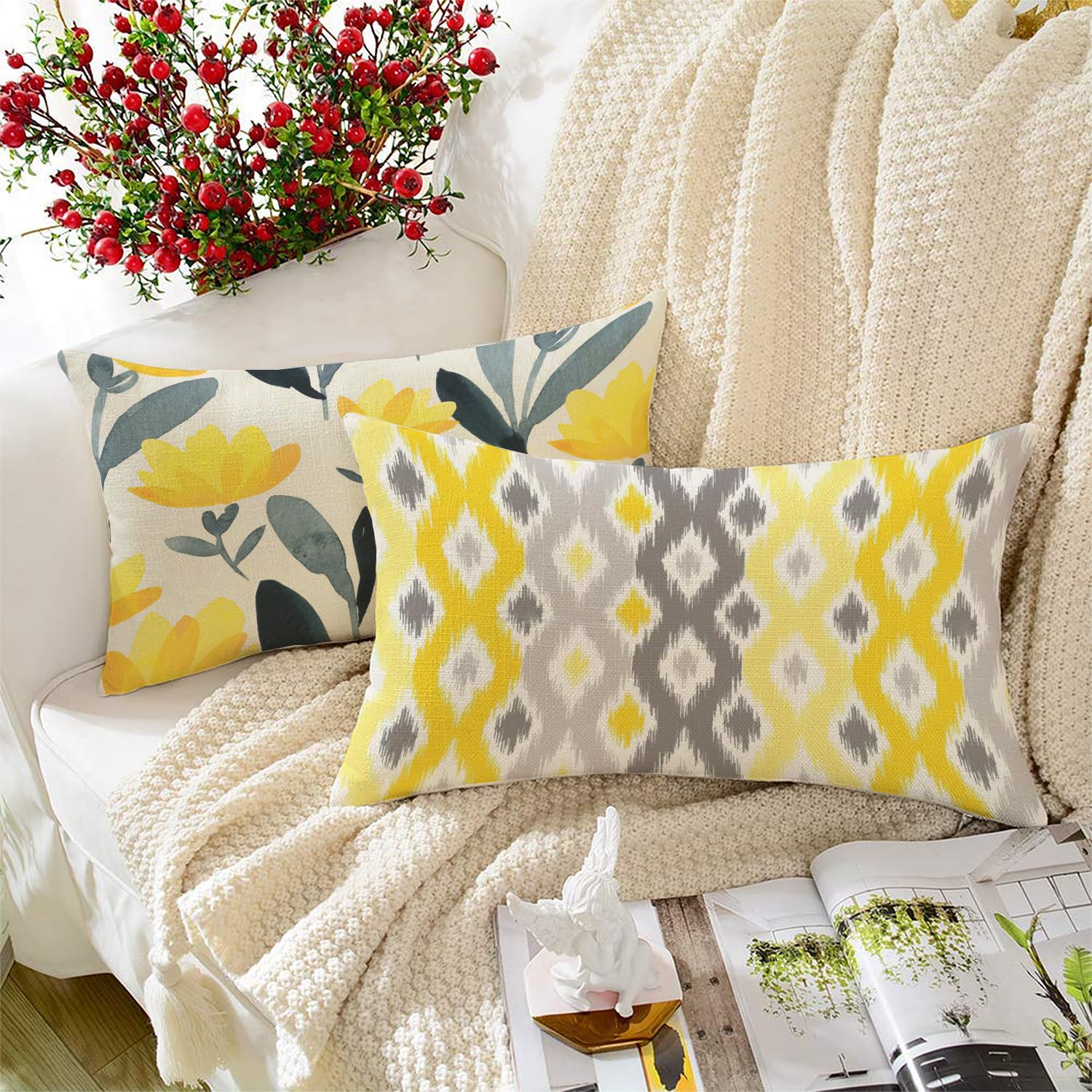 STITCHNEST Set of 2 Polycotton Cushion Covers – 12x18 Inches – Yellow & Grey Ikat-Inspired Geometric Print – Vibrant Cushion Covers for Sofa, Couch & Living Room | Perfect for Home Decor