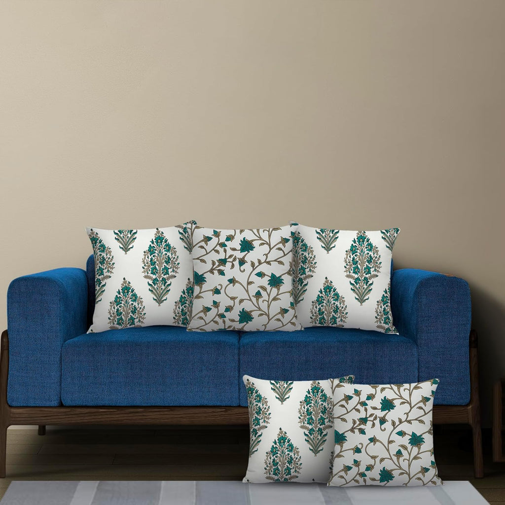 Trance Home Linen Set of 5 Premium 100% Cotton 12x12 inch Cushion Covers for Sofa and Diwan | Small Cushion Covers – (12x12 inch | 30cmx30cm, Madhuban & Jaal Green) – Set of 5